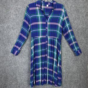 Old Navy Plaid Shirt Dress Women M Green Blue Full Button Front Long Sleeve